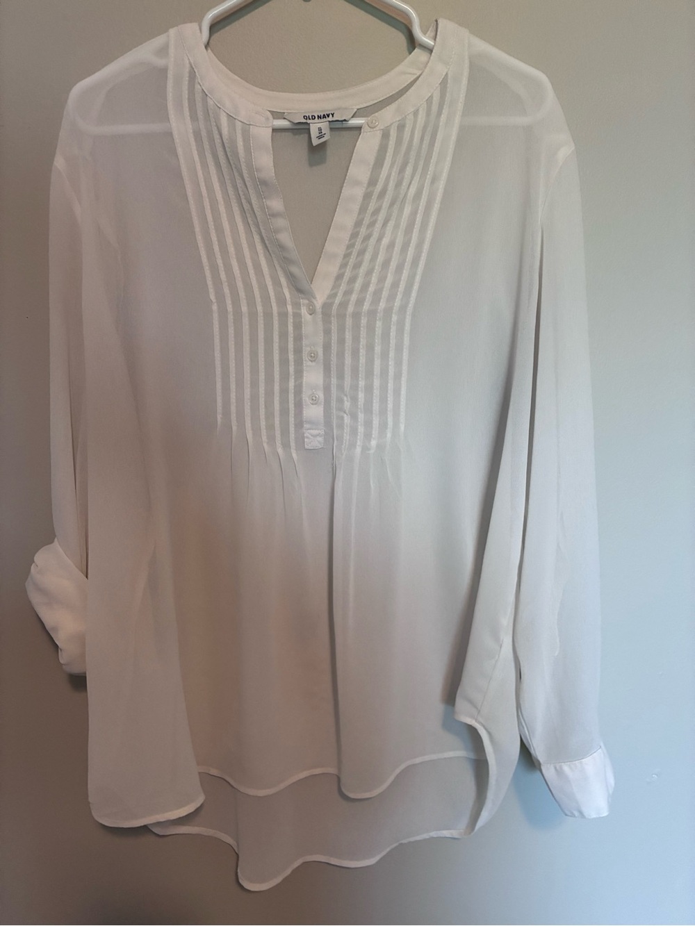 Old Navy White Pintuck Tunic Blouse XL Roll Tab Sleeve Sheer Hi Low Top